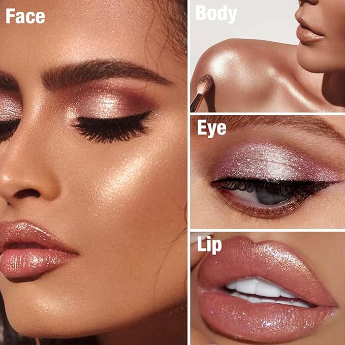 Professional Face Highlighter Palette,Pearl Shimmer Smooth Baked Powder, Lasting Sparkling Highlighter Makeup-Rose Gold