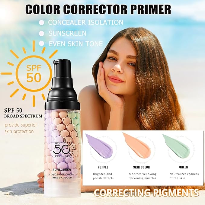 One Step Color Corrector Primer, SPF 50 Face Moisturizing Sunscreen Isolation Cream, 3 In 1 Primer for Face Before Makeup, Makeup Primer Oil Control & Skin Tone Correcting