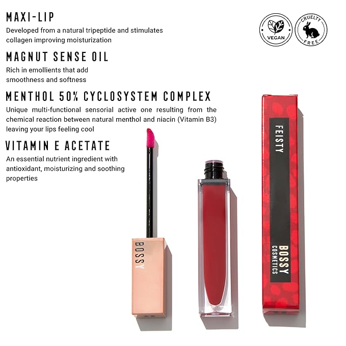 Vegan Lip Gloss for Soft Lips, Plumping Oil, Hydrating Non-Stick Lipgloss for Women, Provides Maximum Shine, Paraben and Cruelty Free (Feisty - Bold Rouge Color)