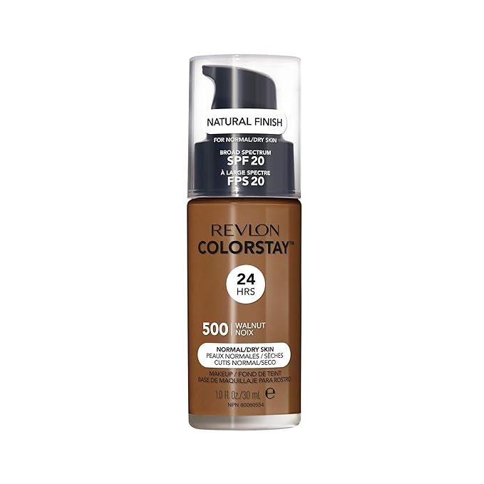 Revlon Liquid Foundation, ColorStay Face Makeup for Normal & Dry Skin, SPF 20, Longwear Medium-Full Coverage with Natural Finish, Oil Free, 500 Walnut, 1 Fl Oz