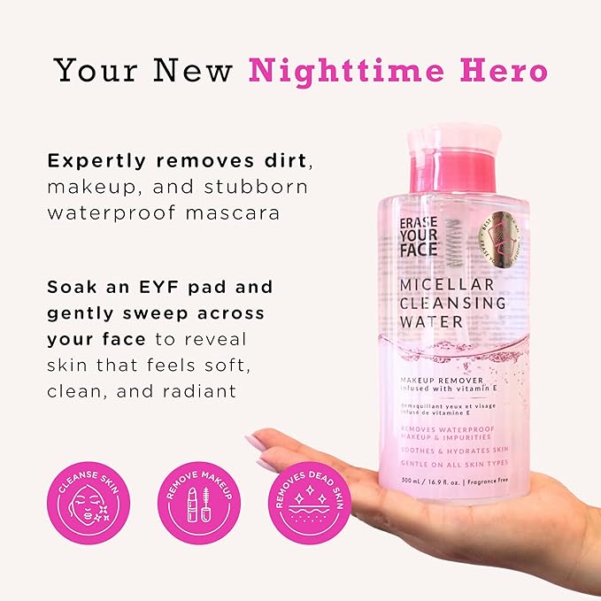 ERASE YOUR FACE Micellar Cleansing Water - Hydrating Micellar Water to Help Remove Makeup, Cleanse Skin & Reveal a Soft, Radiant Complexion - Suitable for Sensitive Skin (16.9 Fl Oz)