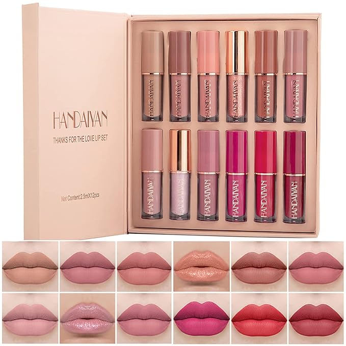 12 Colors Book Style Velvet Matte Liquid Lipstick Christmas Gift Set Long-Lasting Non-Stick Cup Not Fade Shimmer Nude Lip Gloss Thanks For the Love Lip Set (Set A)