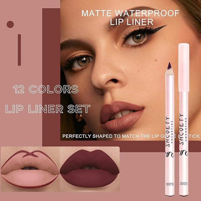 12 Colors Matte Lip Liner Pencil Set, 12Pcs Creamy Nude Lip Liner, Smooth Long Lasting Waterproof High Pigmented Lip Makeup Pencil