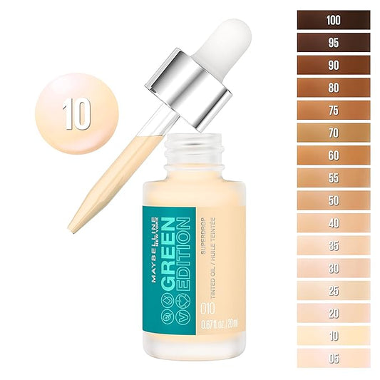 Maybelline Green Edition Superdrop Tinted Oil Base Makeup, Adjustable Natural Coverage Foundation Formulated With Jojoba & Marula Oil, 10, 1 Count