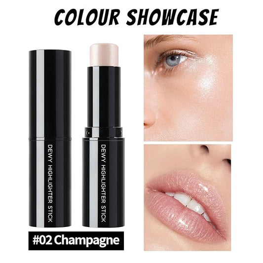 Champagne Highlighter Stick for Glass Skin, Dewy Finish Radiant Balm Hydrating Reflective Natural Shimmer Illuminator Stick, Multi-Use Lightweight Creamy Face Glowy Highlighter Makeup#02