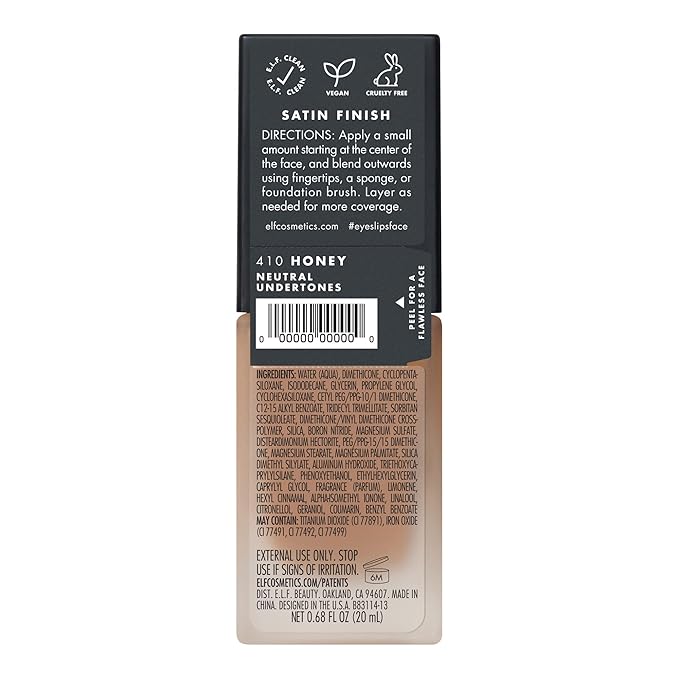 e.l.f. Flawless Satin Foundation, Lightweight & Medium Coverage, Semi-Matte Finish, Vegan & Cruelty-Free, Honey, 0.68 Fl Oz (20mL) (Pack of 2)