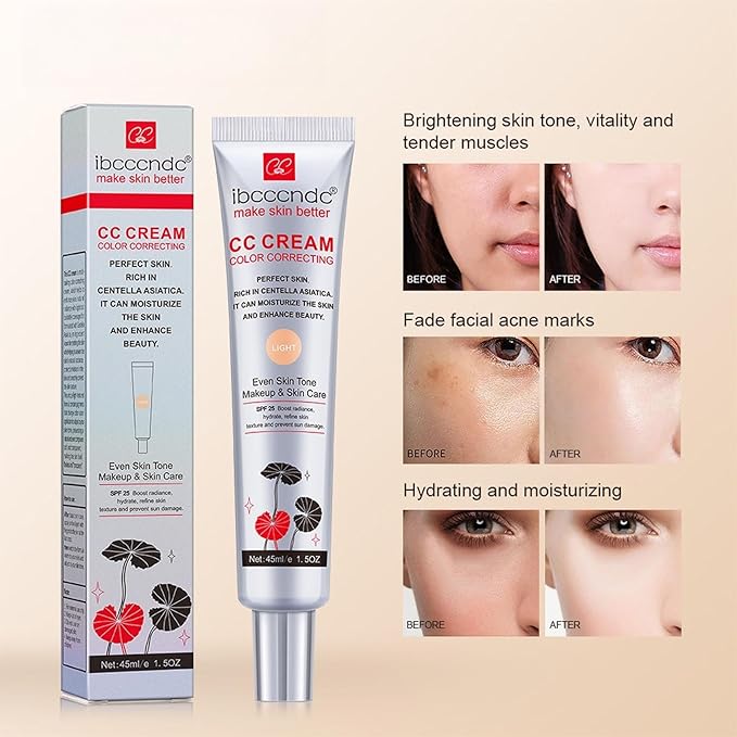 Hydrating CC Cream Foundation with Centella Asiatica - Multi-Purpose Pre-Makeup Primer Moisturizing Facial Concealer Sunscreen Full-Coverage CC Cream with SPF 25 (01)