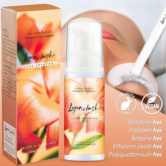 Lyon Lash Eyelash Extension Shampoo (Lily), Gentle Formula Paraben & Sulfate Free, Oil Free Foam Cleanser Kit | Remove Eye Makeup & Oil & Dust | Professional Salon And Home Use (60ml + 1 mascara wand + 1 cleansing brush)