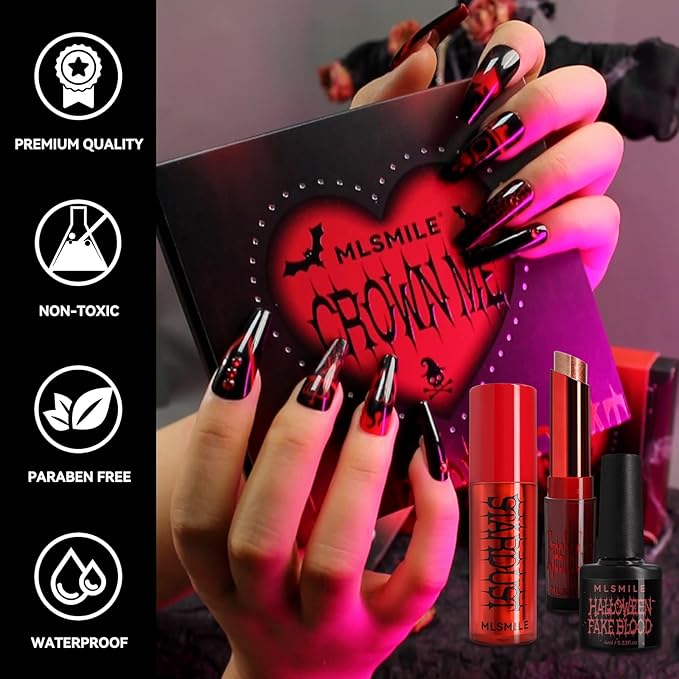 Halloween Makeup Kit,Halloween Press On Nail With Tools,SFX Make up Set Fake Blood Cream,Powder Lipstick,two-tone eyeshadow,2024 New Halloween Party Supplies