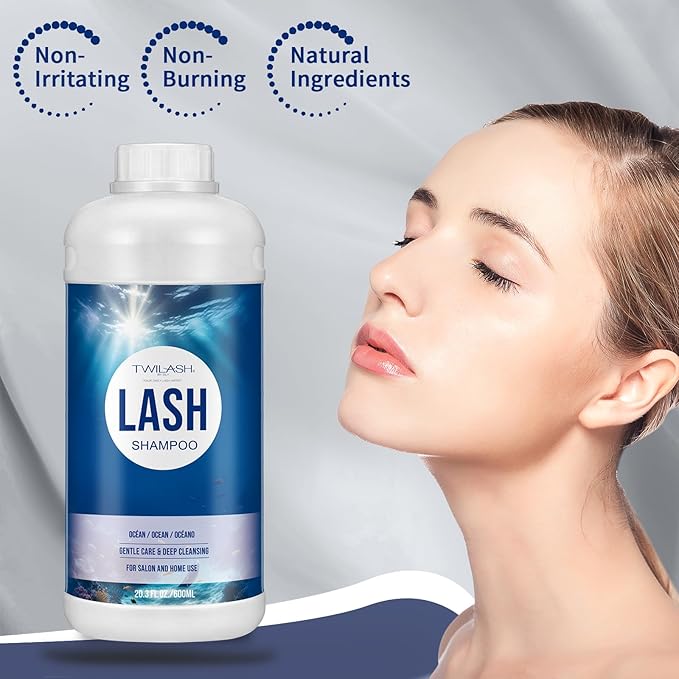 600ml Lash Shampoo Bulk, Eyelash Extensions Cleanser for Extensions, Safe Makeup Remover, Non-irritating or Burning Formula Eyelid Foaming Cleanser Best for Professional Salon and Home Use (Ocean)