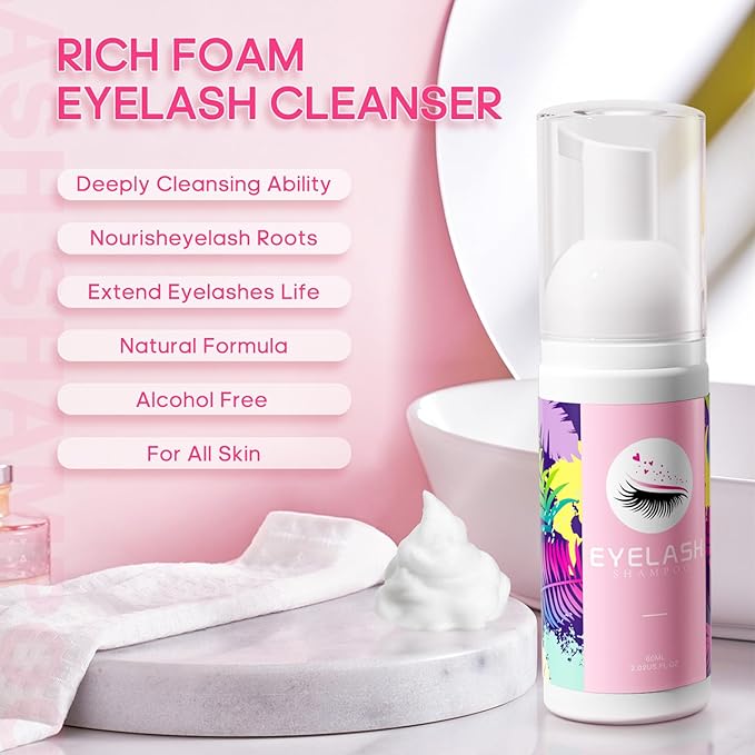 Buqikma Lash Cleaning Kit - Lash Shampoo Kit Eyelash Extension Cleanser for Extensions 60ML with Rechargeable Handheld Lash Fan Dryer Mascara Brush Rinse Bottle Makeup Cleansing Foam for Lash Care