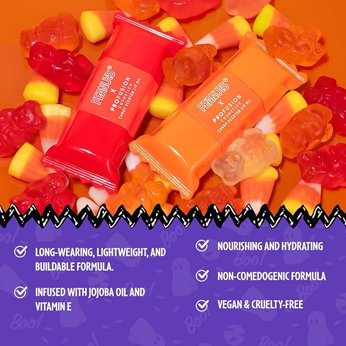 Profusion Cosmetics Peanuts Halloween Candy Crush Lip Oil Set, Nourishing Lip Tint with A High-Shine Finish, Infused With Jojoba Oil and Vitamin E