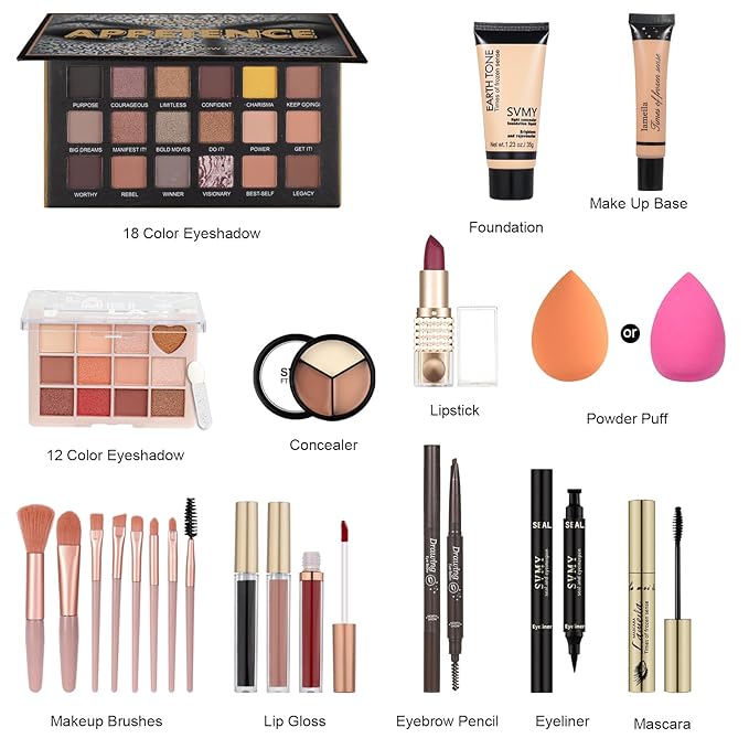 All in One Makeup Kit for Teen Girls - Gift Set with Eyeshadow, Lipsticks, Eyebrow Pencil & Cosmetic Brush