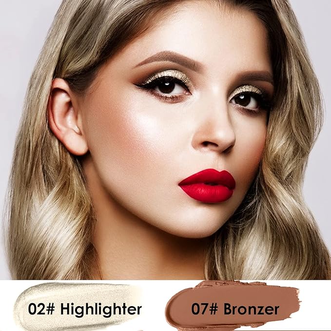 POPMISOLER 2 pcs Makeup Highlighter Stick & Cream Contour Stick, Natural Face Bronzer Stick Cool Toned Contour Kit for Beginners Waterproof Shimmer Highlight Stick, Brightening Foundation Stick