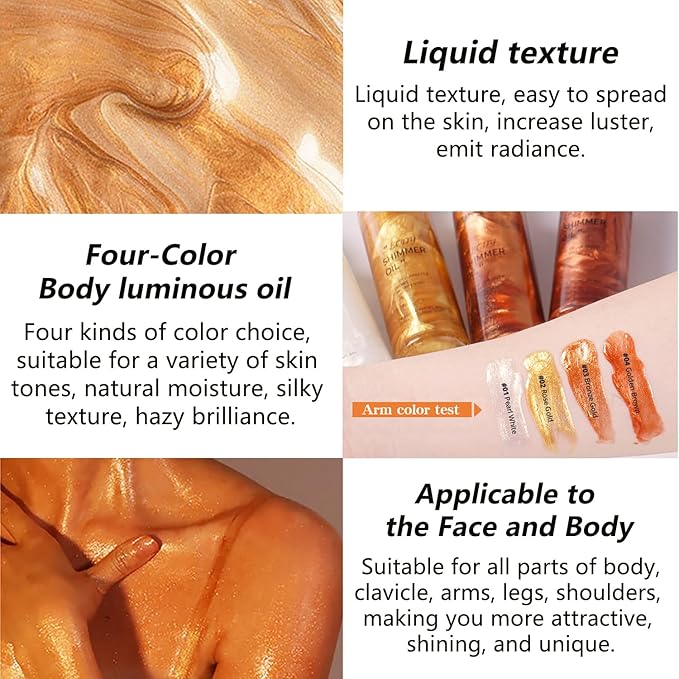 Body Shimmer Oil Gold 4 Color Face Brighten Luminizer Glow for Face & Body, Summer Glow Pearl Highlighter Liquid Illuminator Makeup With Brush (#2, 2.8 Fl Oz)