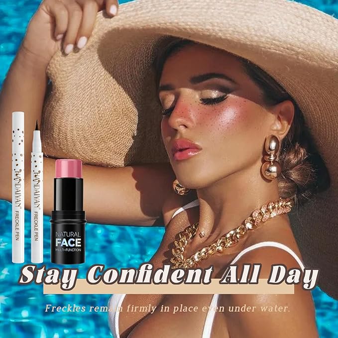 Freckle Pen Blush Stick Sunkissed Makeup Set, Natural Waterproof Fake Freckle Pen Long Lasting Quick Dry Soft Liquid Freckle Marker,Buildable Lightweight Solid Cream Blush for Cheeks