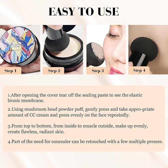 Indicativet Mushroom Head Air Cushion CC Cream, Air Cushion CC Cream Mushroom Head, Indicativet Foundation BB Cream Face Make Up, Long Lasting Matte Moisturizing Concealer (Ivory, 1Pcs)