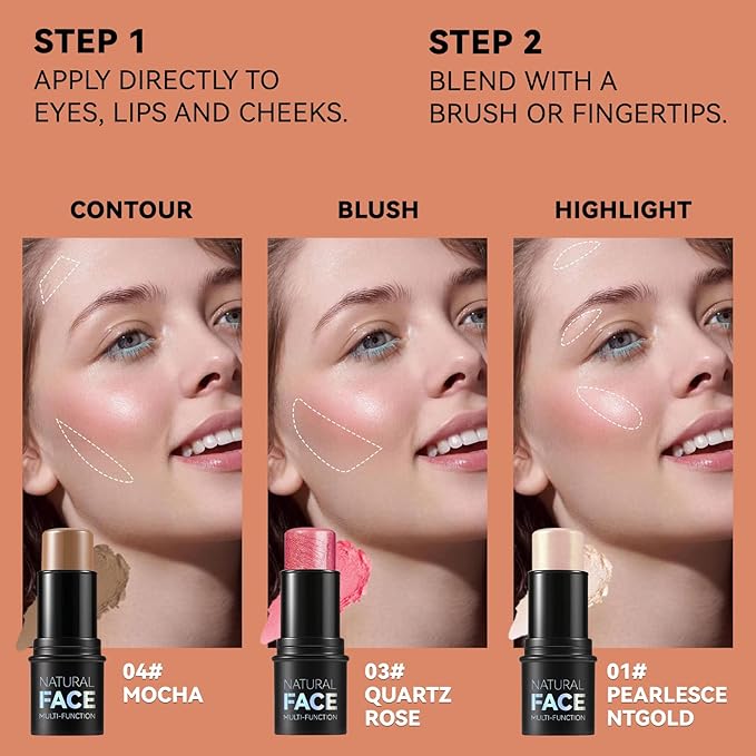 3 Pcs Cream Blush Contour Highlighter Stick,Highlighting & Contouring Stick,Bronzer Contour Stick for Sculpt the Cheeks,Lightweight Dewy Blush Stick,Waterproof and Long-Lasting (02,05,06)