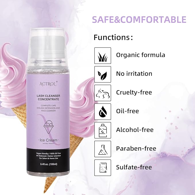 Eyelash Shampoo Concentrate 100ml Lash Extensions Cleanser Concentrate Ice-cream Foaming Shampoo Paraben & Sulfate Free Wash for Extensions Lashes with Salon Home Care-Makes 60ml Bottles