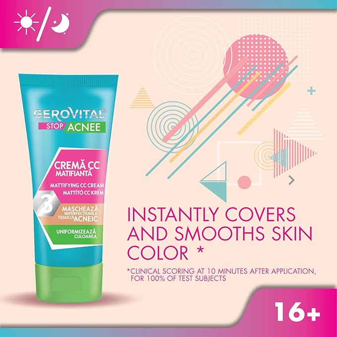 GEROVITAL STOP ACNE Mattifying CC Cream for Acne Prone Skin, Covers Imperfections, Evens Out the Face Color, Medium Shade Adaptable to Skin Tone, 30 ml