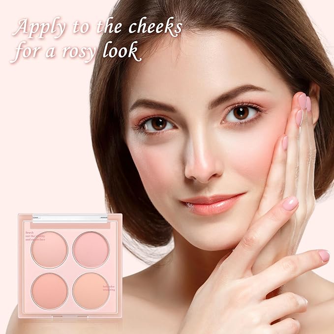 4 Colors Cream Blush Palette, Face Powder for Cheeks, Matte Pink Palette With Brush, Highlighter Eyeshadow Makeup Palette