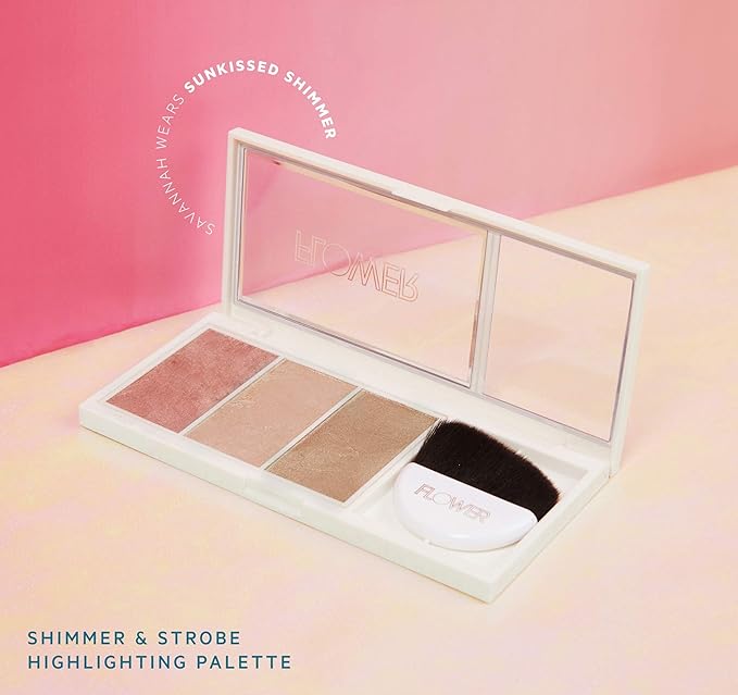 FLOWER Beauty By Drew Barrymore Shimmer & Strobe Highlighting Palette - Glowing Bronzer Powder Kit For Face - Blendable Coverage - Skintones - 3 Enhancing Colors - Strobe Brush Included (Sunkissed Shimmer)