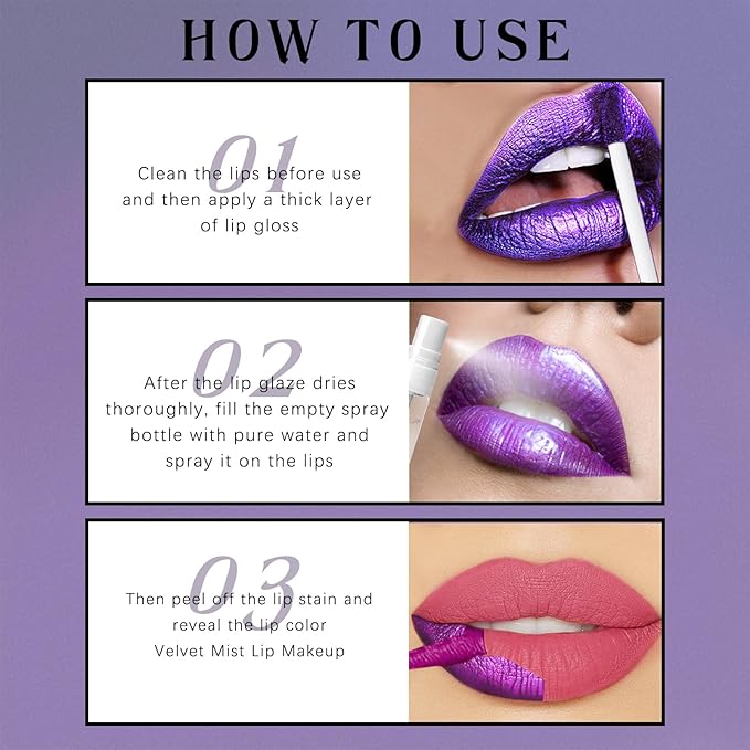 4 Color Peel Off Lip Stain, Tattoo Magic Color Lip Tint, Pink Red Nude Matte Natural Finish Lip Gloss Tear off, Waterproof Long Lasting Nonstick Lipstick Makeup Set with 5ML Empty Spray Bottle