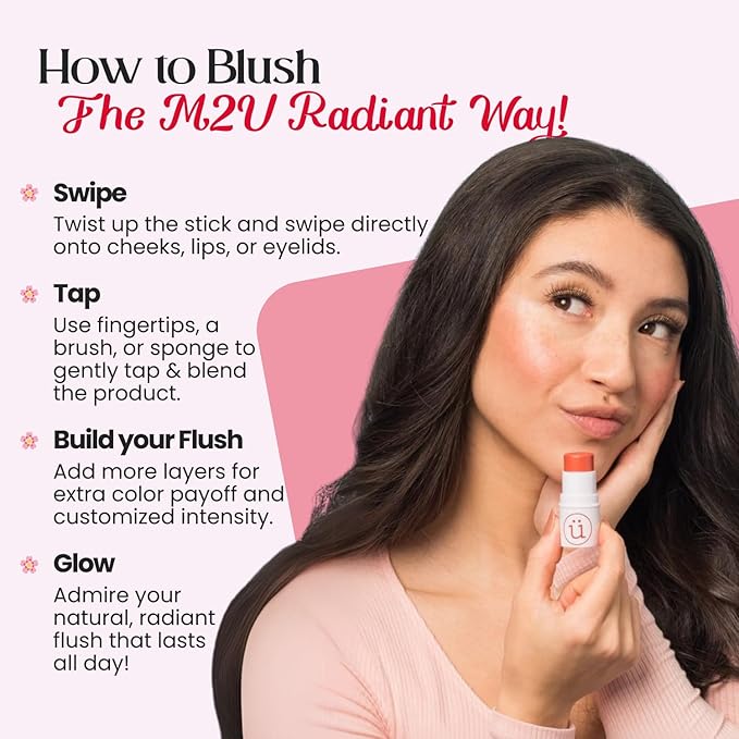 M2U NYC Coral Cream Blush Stick – 3-in-1 Cream Blush for Cheeks, Lips & Eyes – Natural Dewy Finish with Shimmer – Lightweight Blusher for Cheeks, Buildable Formula Infused with Shea Butter