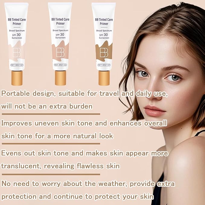 BB Cream Tinted Moisturizer SPF 30, BB Tinted Primer Full Coverage, Even Skin Color Hydrating and Smoothing
