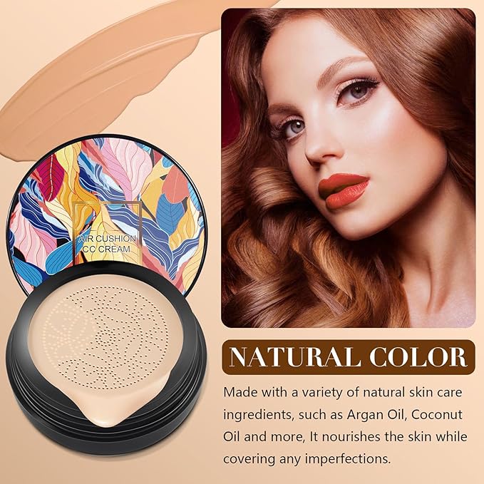 Indicativet Mushroom Head Air Cushion Cc Cream, Air Cushion Cc Cream Mushroom Head Foundation, BB Cream Face Make Up, Long Lasting Matte Moisturizing Concealer, New Packaging (Ivory White, 1pcs)