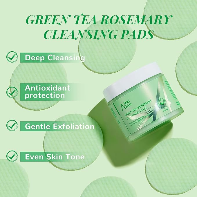 ANAI RUI Green Tea Rosemary Cleansing Pads with CICA Tea Tree Oil, Face Scrub Pads with Bubbles, Exfoliating Deep Cleansing Pad for Face and Body, Make-up Remover Wipes, 50pcs