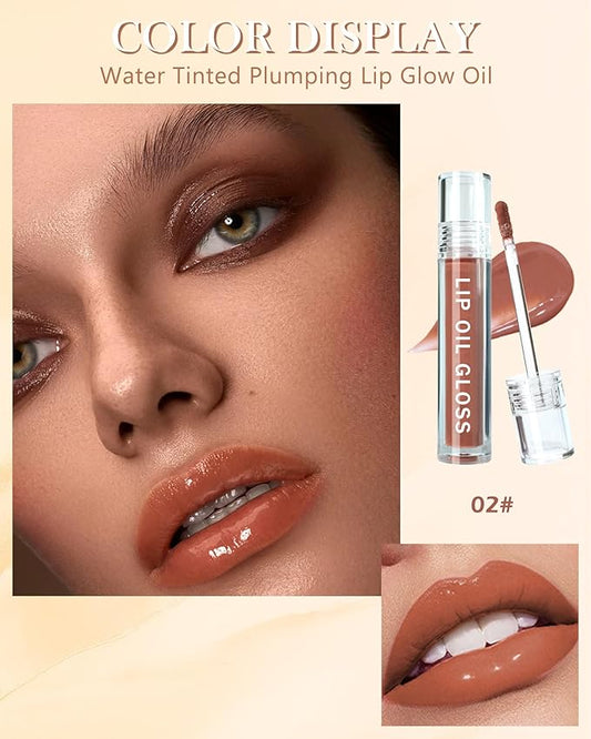 Hydrating Lip Tint Stain-1Pcs Tinted Plumping Lip Glow Oil, Moisturizing Water Lip Stain Makeup, Pigmented Non-Sticky Vegan Lip Gloss, Multi-Use Lip & Cheek Tint, Nude Glossy Finish, Cruelty Free-02#