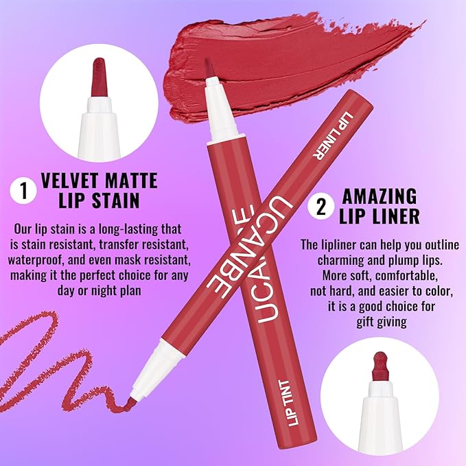 UCANBE 2pcs Matte Lip Tint Stain Set, 1 Lip Stain & 1 Lip Liner Pencil, Long Lasting Waterproof Lightweight Non-sticky Liquid Lipstick for Women & Girl (04 ROSEWOOD)