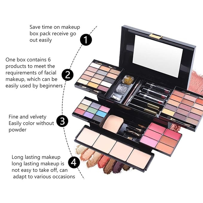 54 Colors All in one Makeup Gift Set Holiday Birthday Beauty Cosmetic Essential Starter Bundle Include 39 Eyeshadow Palette, 6 Blush, 6 Sponge Stick, 4 Compact Powder, 3 Lipstick, Eyeliner