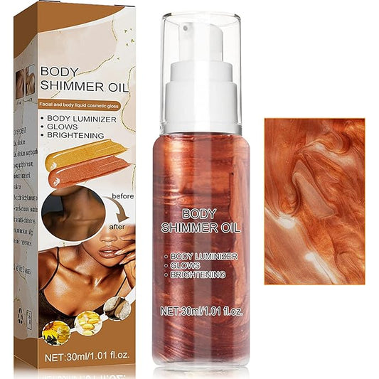 Body Shimmer Oil Luminizer, Face & Body Waterproof Moisturizing Glow Illuminator, Golden Brown Highlighter