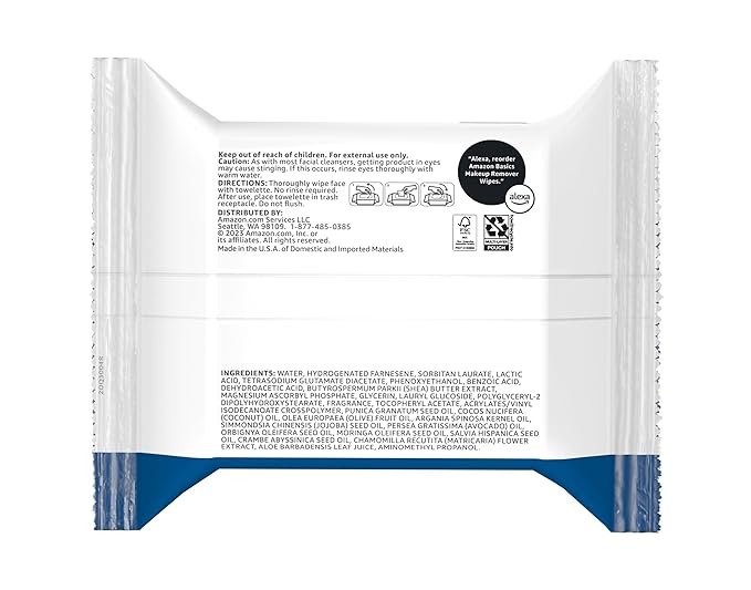 Amazon Basics Makeup Remover Wipes, Gentle Cleansing, Dermatologist Tested, Original, Plant Based, Alcohol Free, Removes Waterproof Mascara, 25 Count Per Pack, Pack of 1 (Previously Solimo)