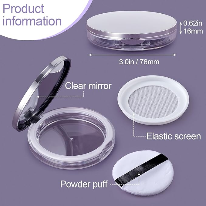 OIIKI 4 Packs Loose Powder Compact Containers, 5g Refillable Container with Powder Puff, Mirror, Net, Spoon, DIY Makeup Powder Cases Portable Powder Compact Boxes for Daily Use or Travel - Silver
