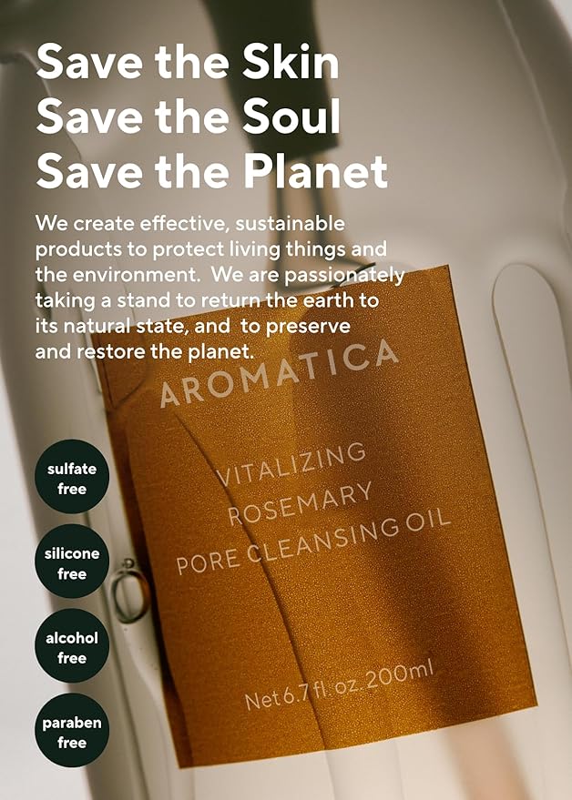 AROMATICA Vitalizing Rosemary Pore Cleansing Oil 6.7 fl oz./200ml – Double Cleanser & Makeup Remover, Oil-Based for Gentle Sebum Control, With Fermented Moringa & Essential Oils