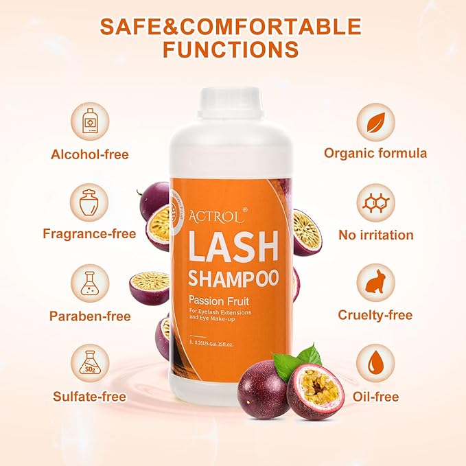 Eyelash Extension Cleanser Passion Fruit 1L Natural Lash Extension Shampoo Professional Eyelid Foaming Cleanser Paraben & Sulfate Free Non-lrritating with Salon and Home Care