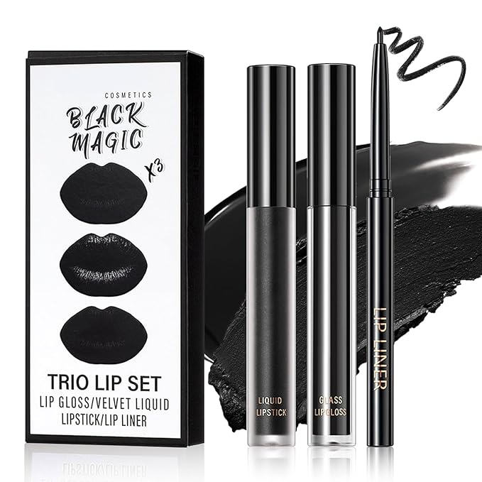 Black Lipstick and Lip Liner Set Lip Kit,3 in 1 Velvet Black Lipstick Halloween Matte Black Liquid Lipstick Lip Gloss with Black Lip Pencil,Hydrating Lip Stain Lip Makeup(Black Magic)