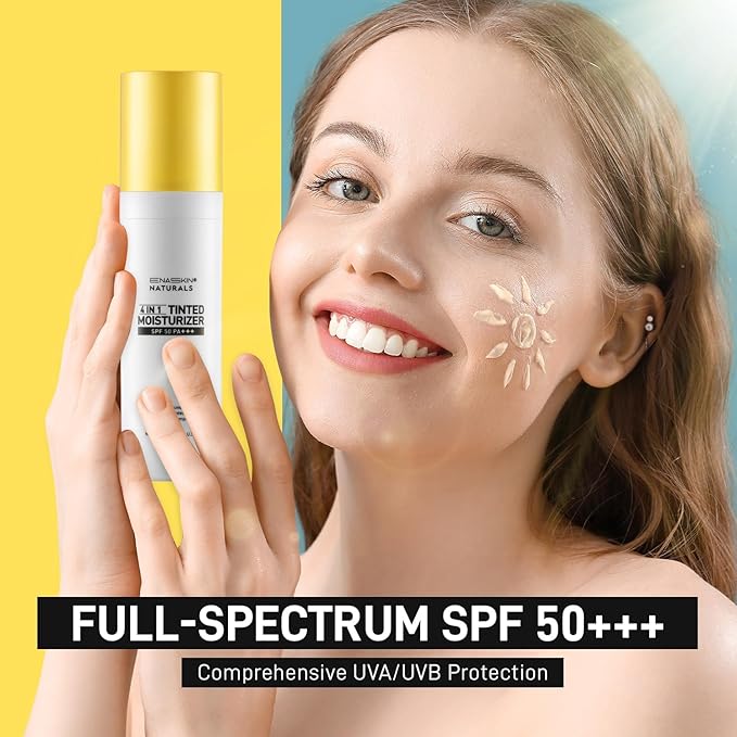Tinted Moisturizer with SPF 50:Enaskin Naturals Face Tinted Sunscreen with Light Sheer Coverage, UVA/UVB Protection with Broad Spectrum PA+++ - 1.7 oz