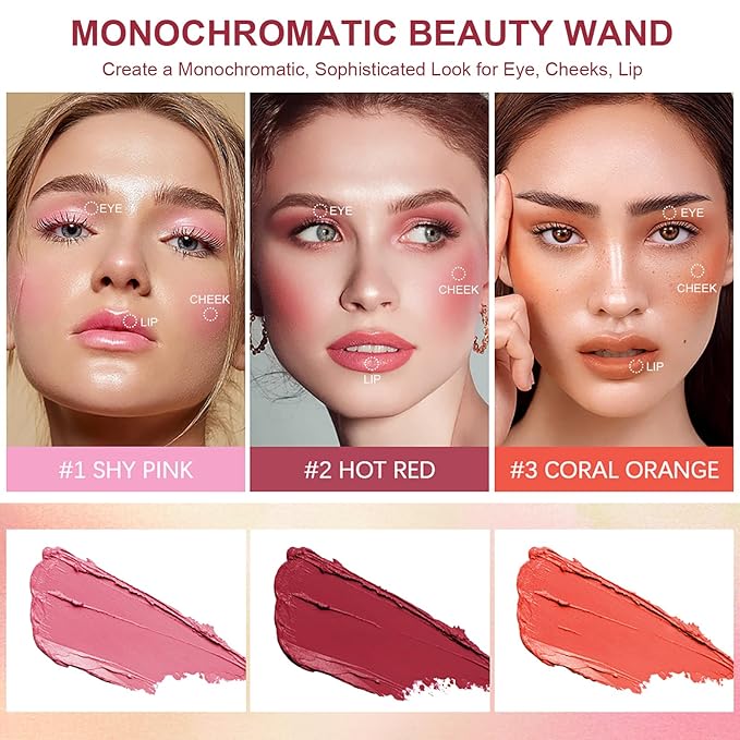 Cream Blush Stick, Monochromatic Beauty Wand for Cheek and Lip Tint, Long Lasting Hydrating Formula, Multi-use Makeup Stick Blends Perfectly onto Skin, 0.6 oz (2# Hot Red)
