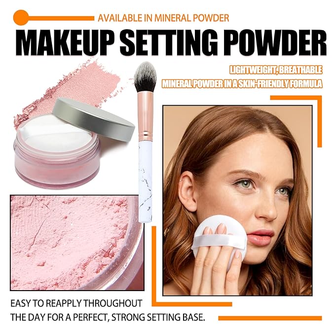 Loose Setting Powder Set with makeup brush,Lightweight Long Lasting Oil Control Loose Face Powder,Translucent Matte Drying Finishing Setting Powder for All Skin Types B