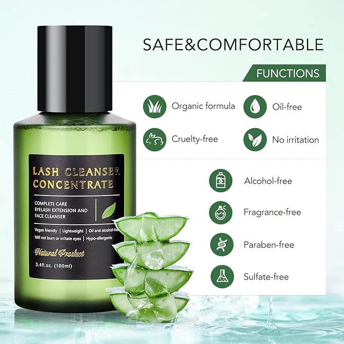 Eyelash Cleanser Concentrate Aloe 100ml Lash Extension Shampoo Natural Foaming Cleanser DIY Gift Paraben & Sulfate Free Wash for Extensions Lashes with Home Care-Makes 60ml Bottles