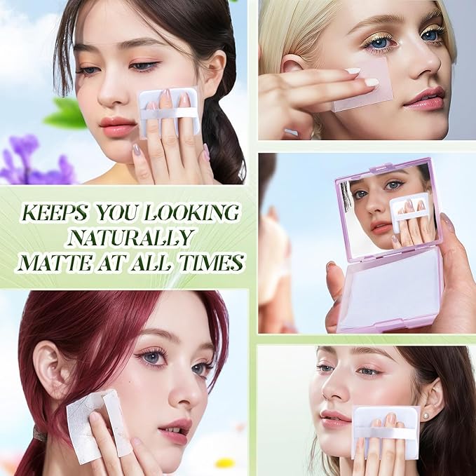 BOROLA 3-in-1 Oil Blotting Paper Set for Face 100 Sheets Oil Absorbing Sheets with Portable Mirror & Adhesive Makeup Puff, Blotting Papers for Oily Skin, Design for Men & Women(Green)