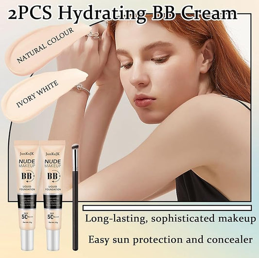 2PCS Hydrating BB Cream,Full Coverage Concealer Liquid Foundation for All Skin Types,Face Sunscreen SPF 50 PA++++ Long Lasting Moisturizing Oil Control Foundation Makeup Brush Set(Ivory & Natural)