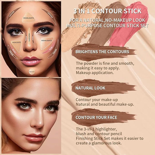 3Pcs Cream Contour Sticks Kit, Highlighter Stick Blush Stick Cream Contour Kit Makeup Set with Brush,Face Brightens & Shades Contour Stick Waterproof for Women Girls(9507-02-08-10, A)