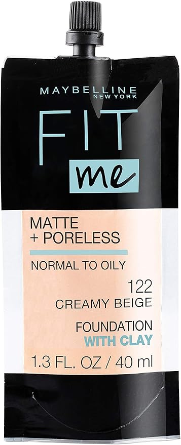 Maybelline New York Fit Me Matte + Poreless Liquid Foundation, Pouch Format, 122 Creamy Beige, 1.3 Ounce