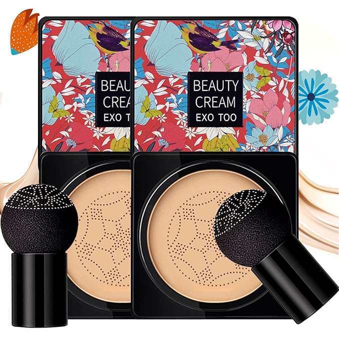 2Pack Mushroom Head Air Cushion CC Cream Foundation, Natural Moisturizing Matte Oil Control Concealer, Bright Makeup Base, Long Lasting Liquid Foundation with Two Mushroom Head Sponges