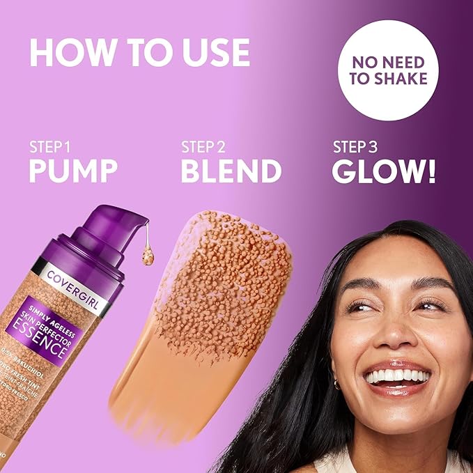 Covergirl Simply Ageless Skin Perfector Essence Foundation, 80 Deep, Tinted Skincare Makeup Hybrid, Sheer Tint, Radiant Finish, Glowy Finish, Vegan Formula, 1.0oz